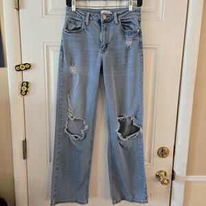 Rue 21 Wide Leg Mid Rise Jeans Womens 6 Baggy Denim Stretch Skater Distressed